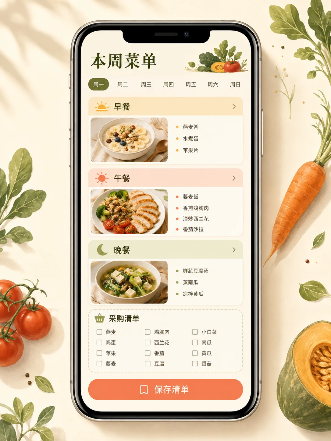 轻食计划小程序 — 功能页面与状态展示