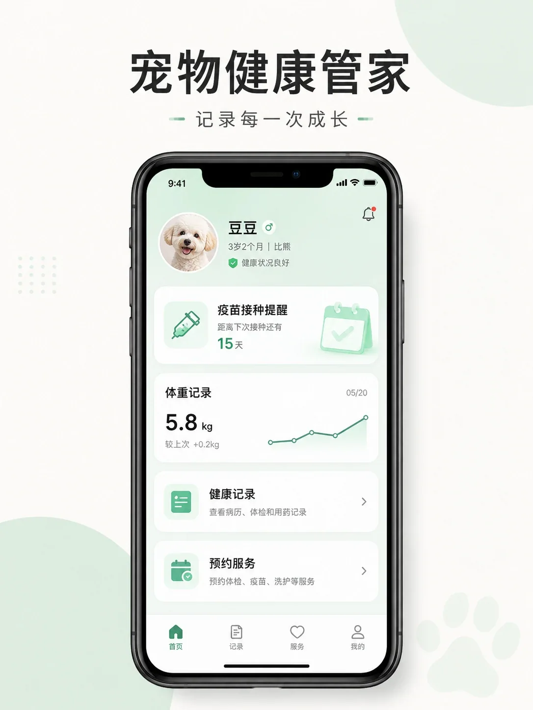 Pet health organiser mini program — Home screen and visual overview