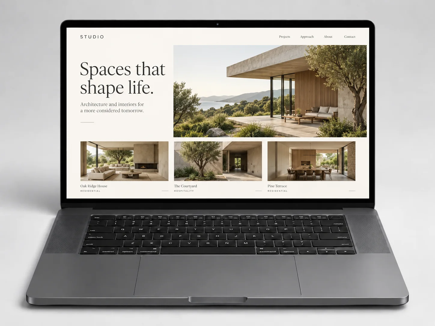 Architectural homepage design with hero imagery and selected work