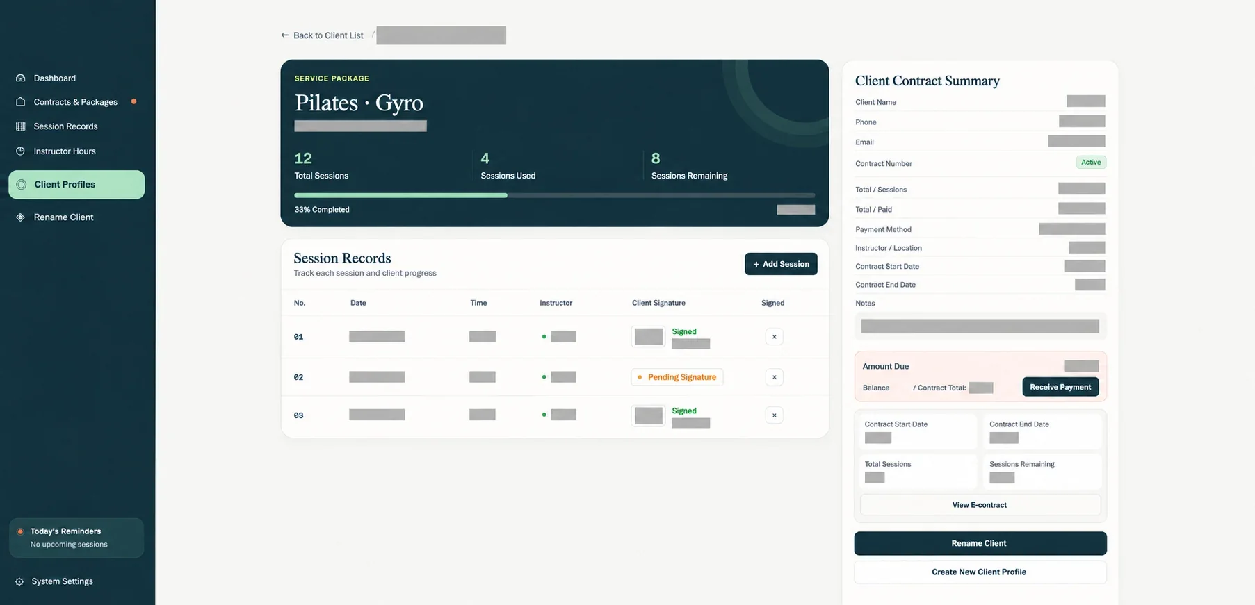 Sanitised client contract and package view