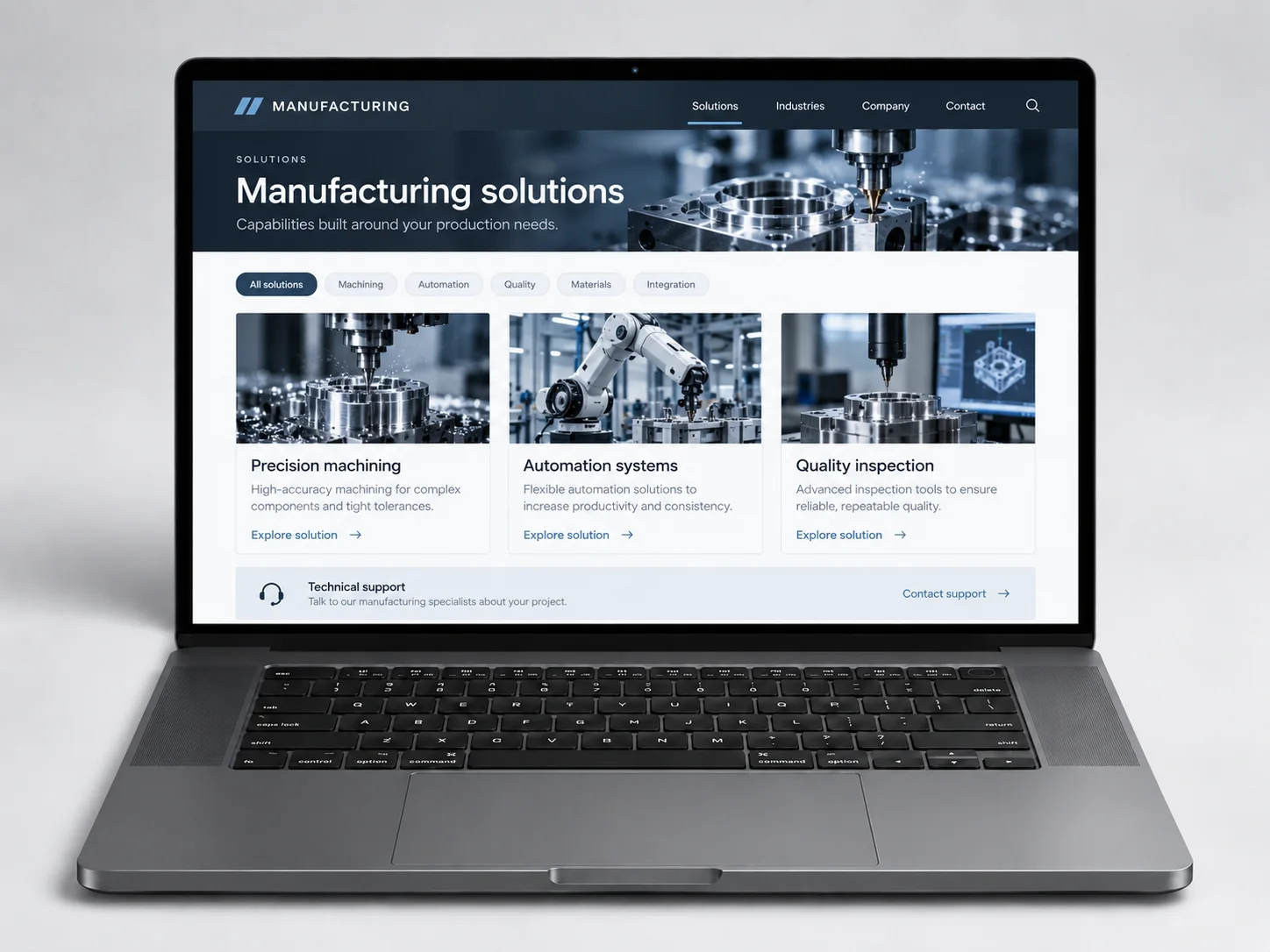 Solutions page: manufacturing capabilities and applications