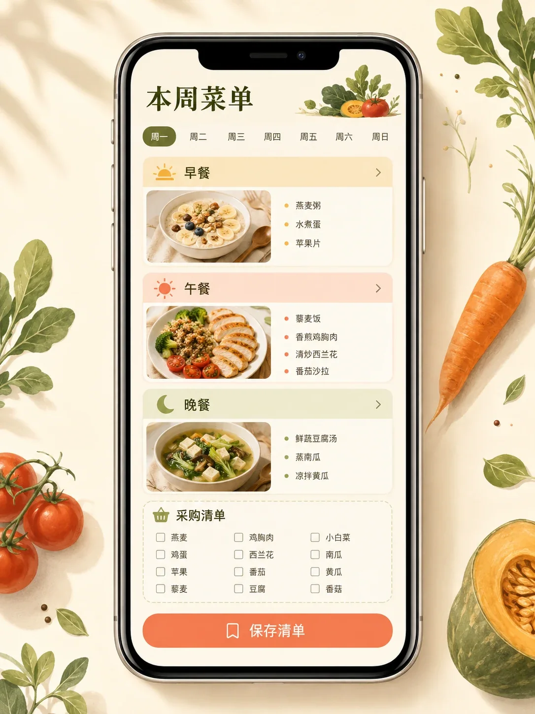 Weekly meal-planning mini program — Features and status views