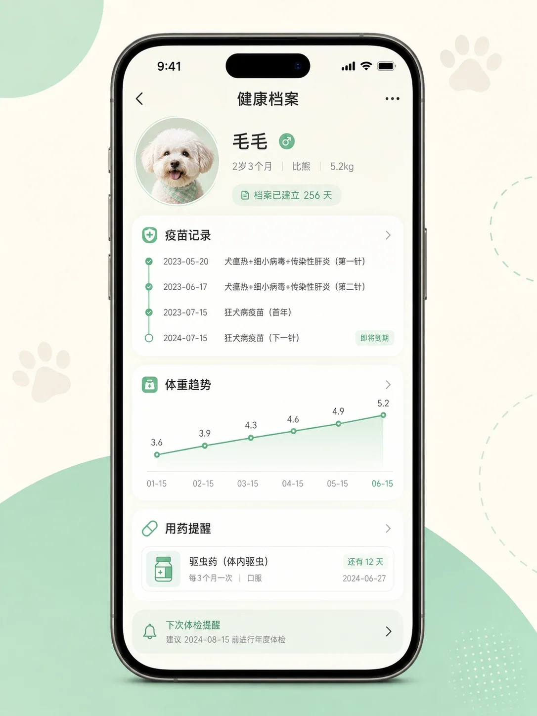 Pet health organiser mini program — Features and status views