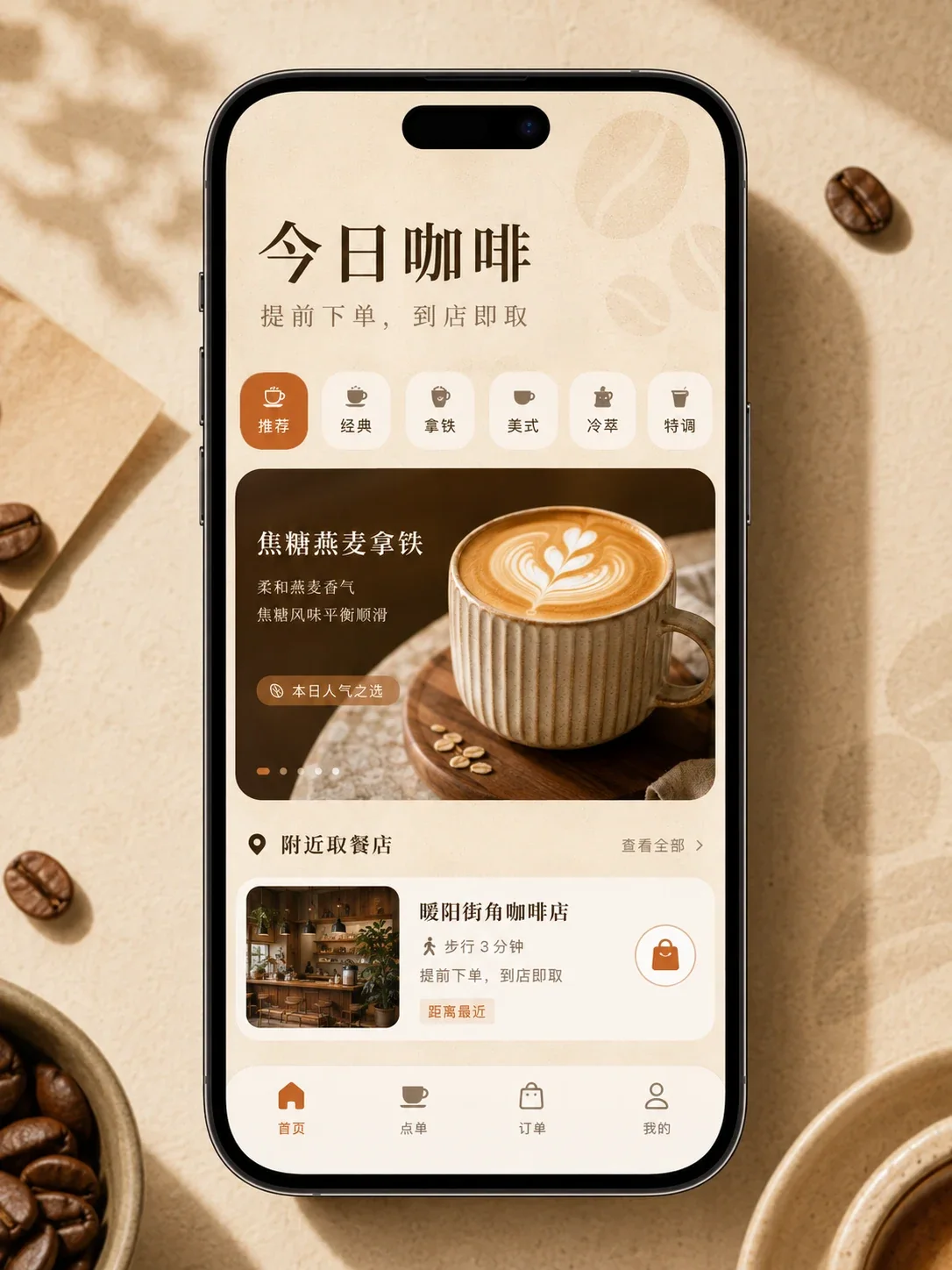 Coffee pickup app — Home screen and visual overview