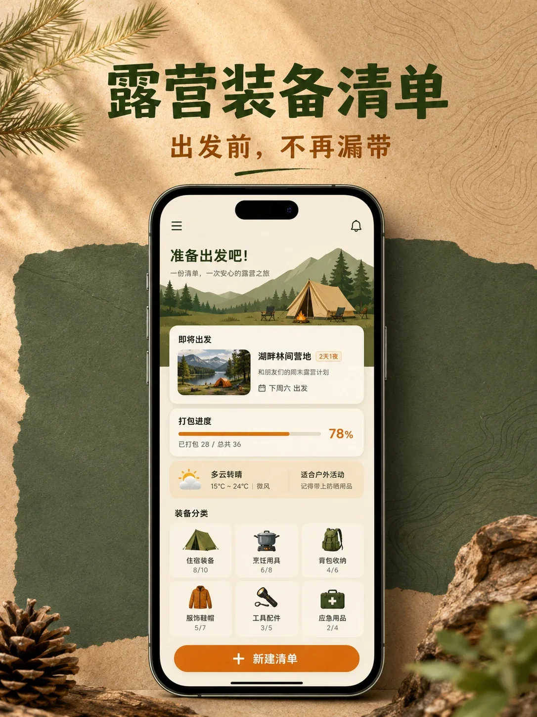 Camping checklist app — Home screen and visual overview