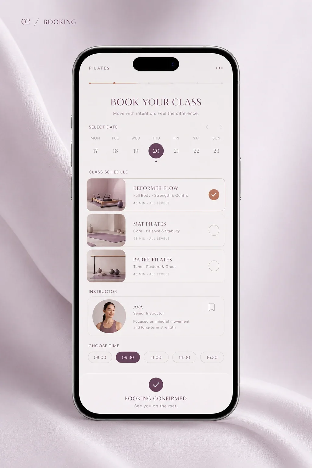 Pilates booking app — Core interaction flow