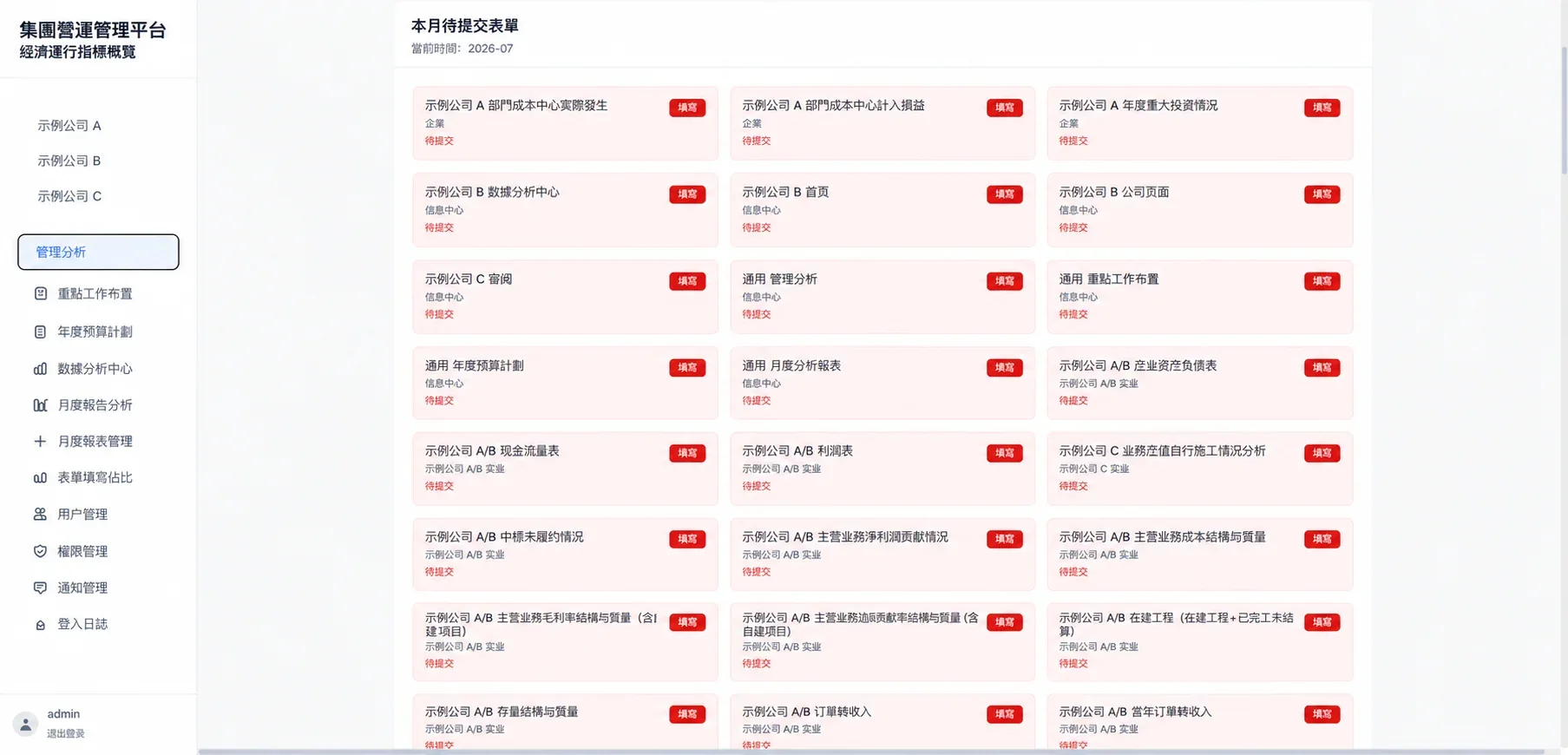 多公司月度待提交表單(客戶標識已脫敏)