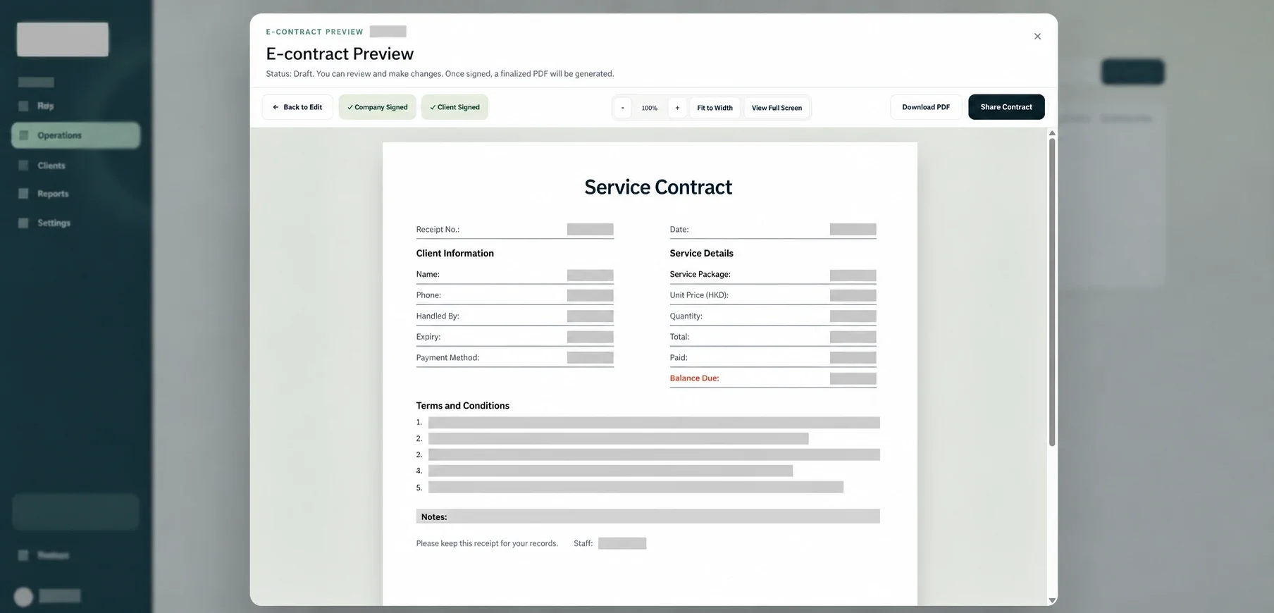 Sanitised electronic contract preview